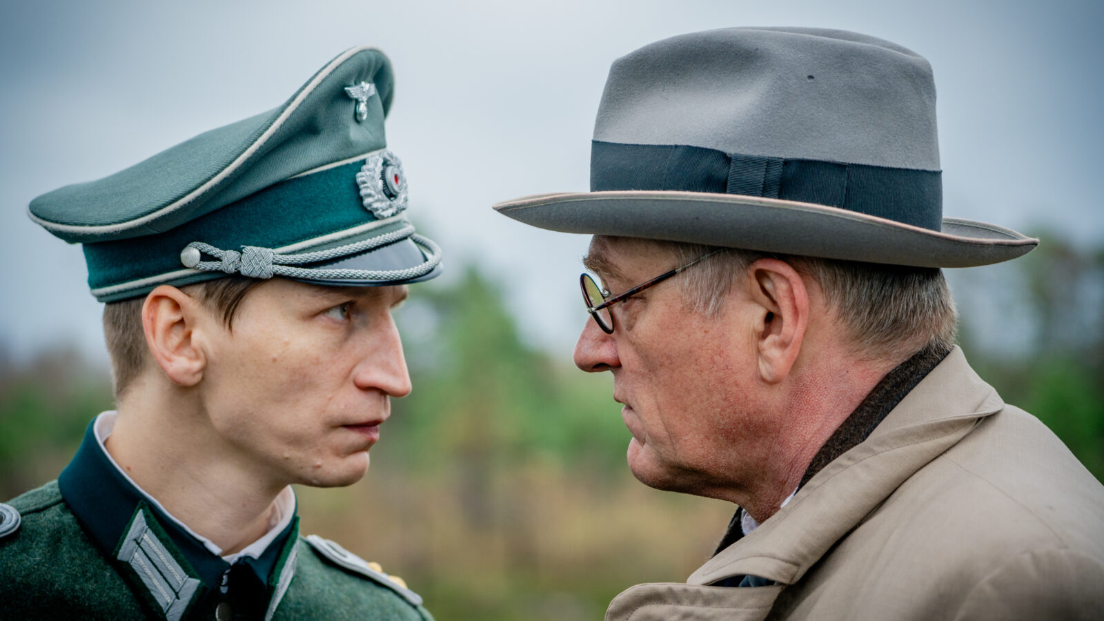 Protagonist and Nazi Officer facing off.