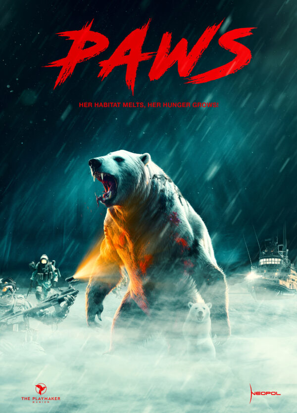 Poster of a bloodied polar bear, fighting against gun slinging soldiers against an arctic background, with the Title PAWS set above it.